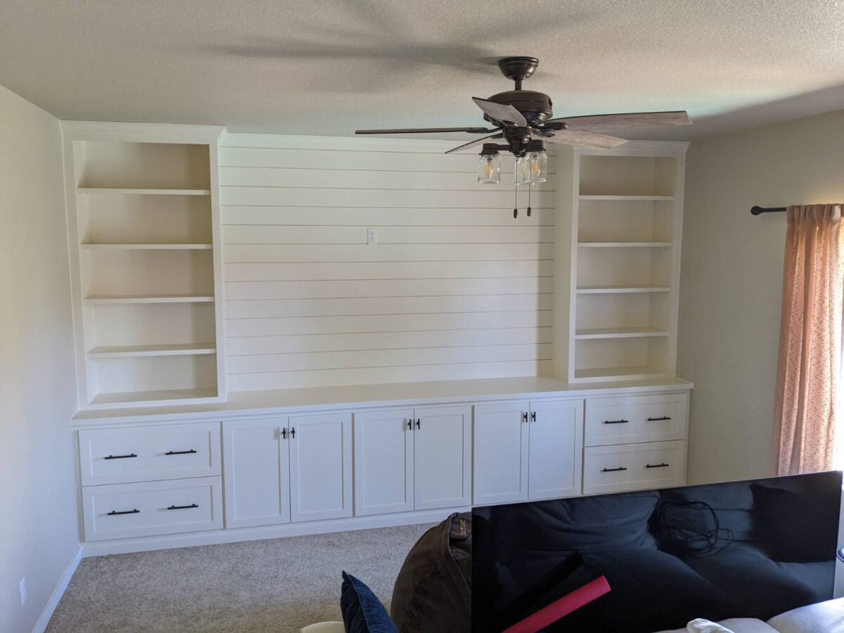 built in storage and display in birch, shiplap display area, in white chalk paint