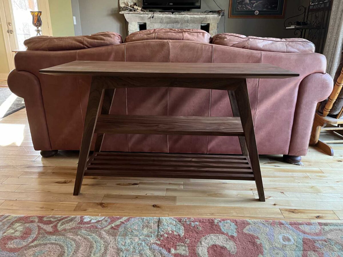 sofa height mid-century modern style table in walnut, with custom made finish that is VOC Free