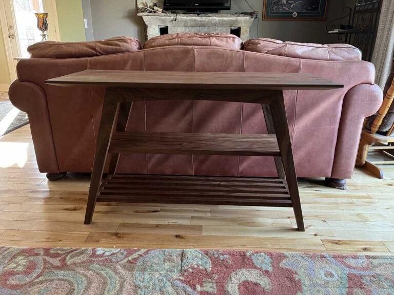 sofa height mid-century modern style table in solid walnut, with custom made finish that is VOC Free full facing front view