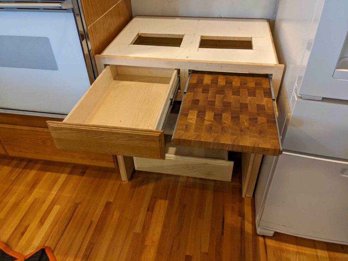 custom made cabinet with white oak cutting board, ADA accessible