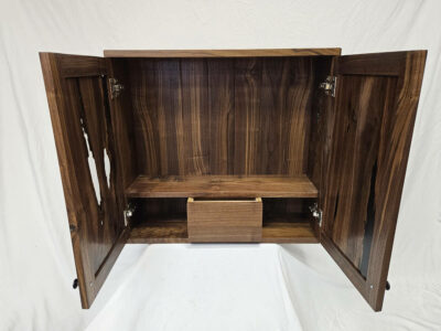 Front facing view with doors open and interior view of Walnut Whiskey Cabinet